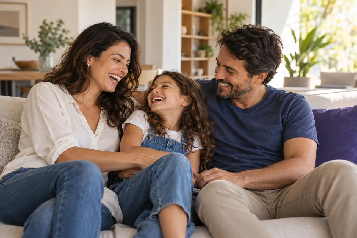 Cena ilustrativa de uma família sorrindo e compartilhando um momento feliz em casa